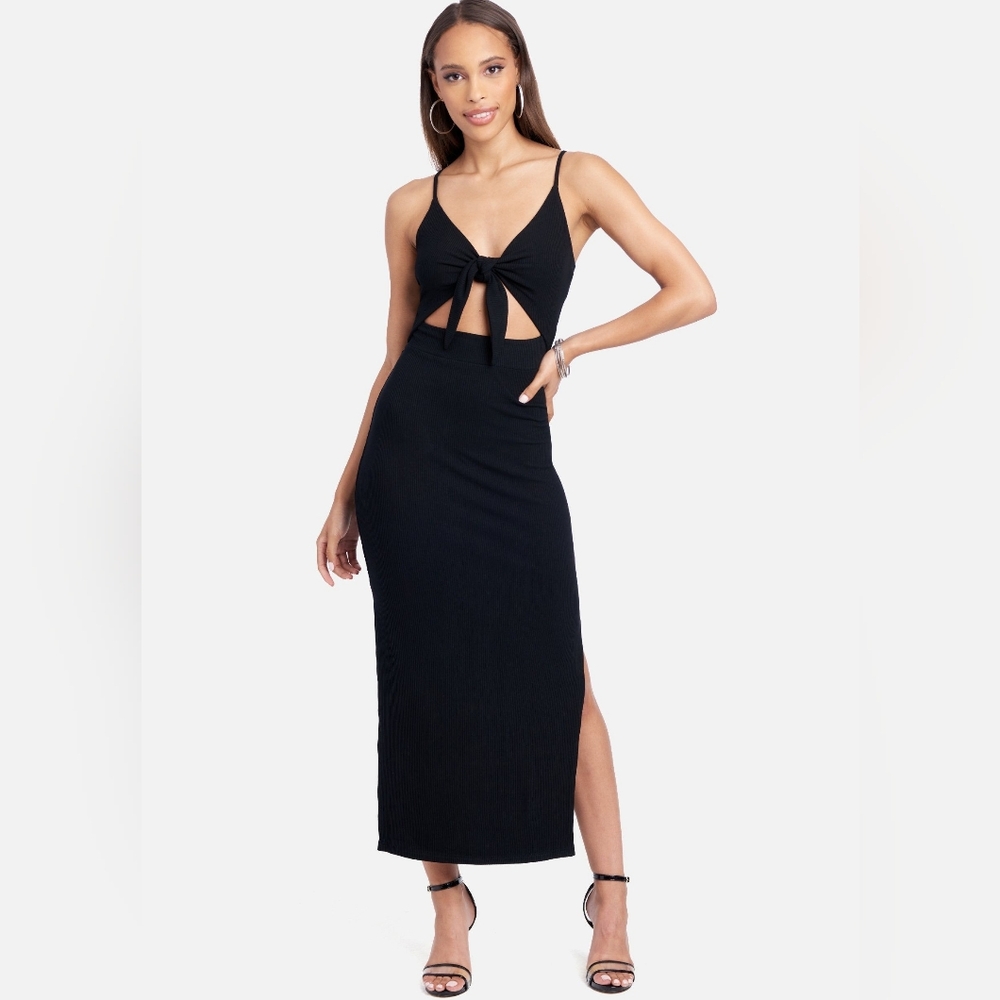 bebe Tie Front Rib Knit Midi Dress Black NWT XS Cutout